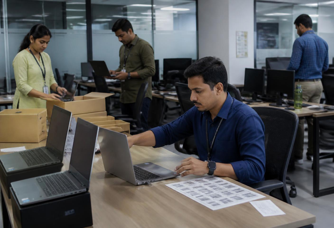 Corporate IT team unboxing and asset-tagging newly delivered business laptops on deployment day