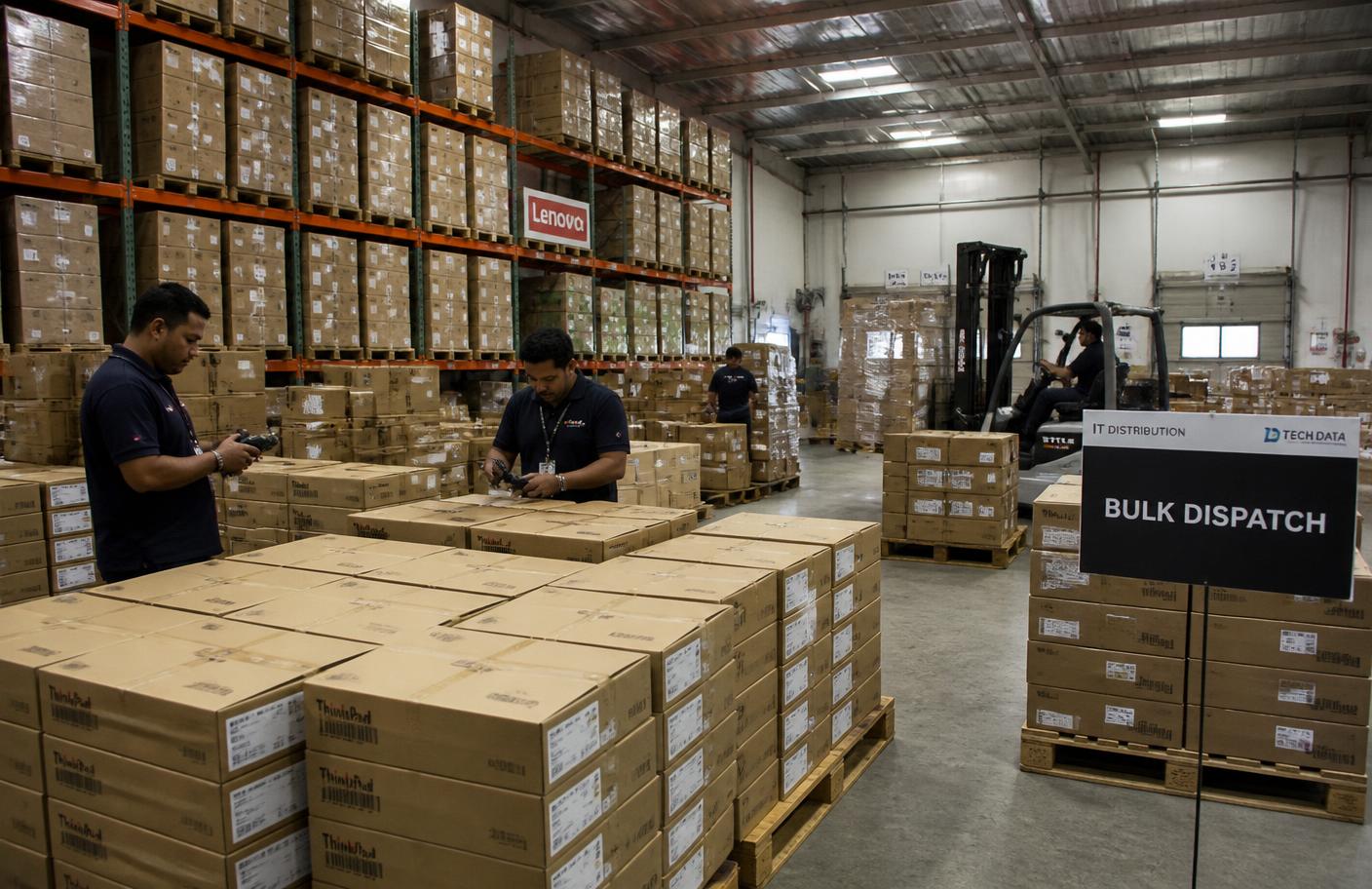 IT distribution warehouse team scanning sealed laptop cartons for a bulk dispatch