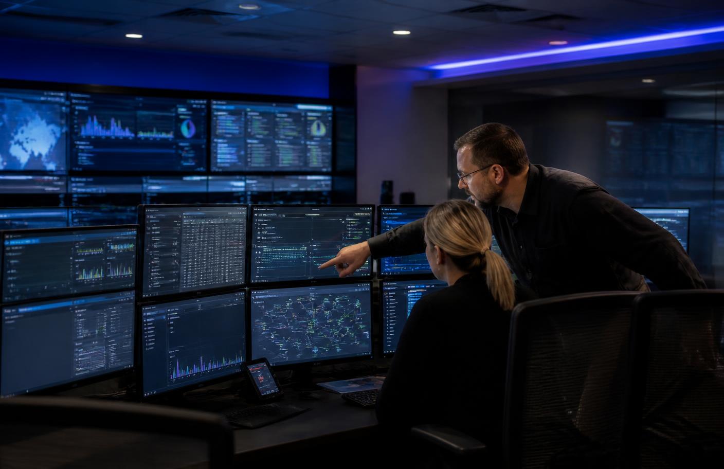 Network operations centre with dashboards tracking IT infrastructure deployments