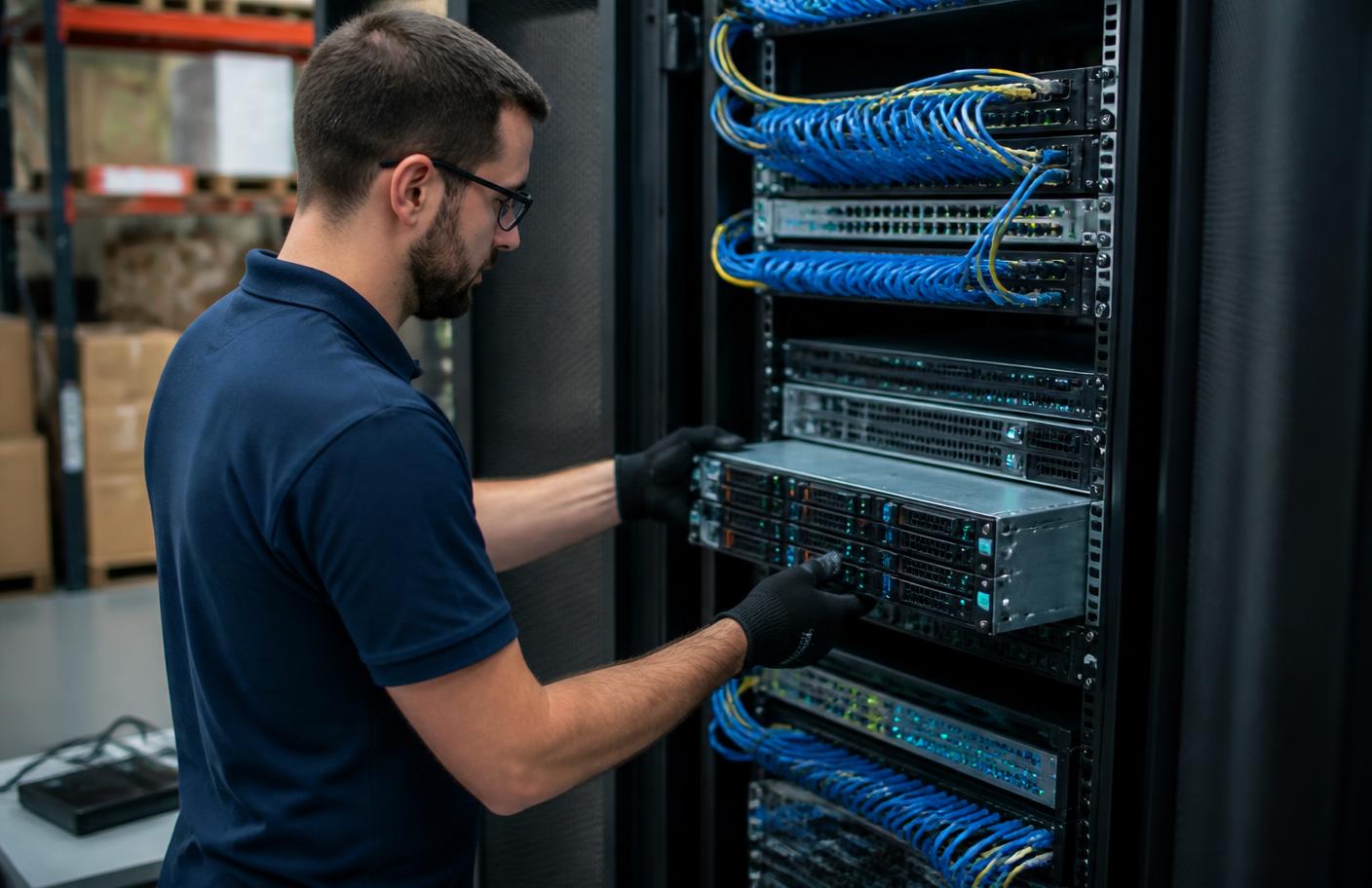 Engineer installing rack-mount servers and switches into a server rack before dispatch