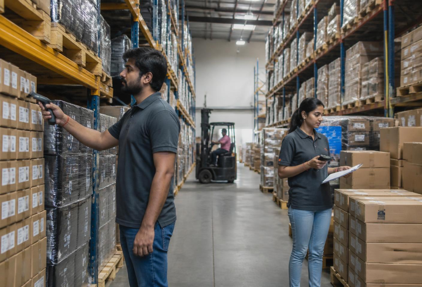 IT hardware distribution warehouse with racked pallets of boxed laptops and servers being scanned for dispatch